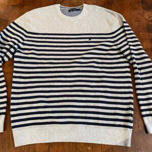 Nautica Men’s XXL Striped Sweater Gray Navy Crewneck 100% Cotton